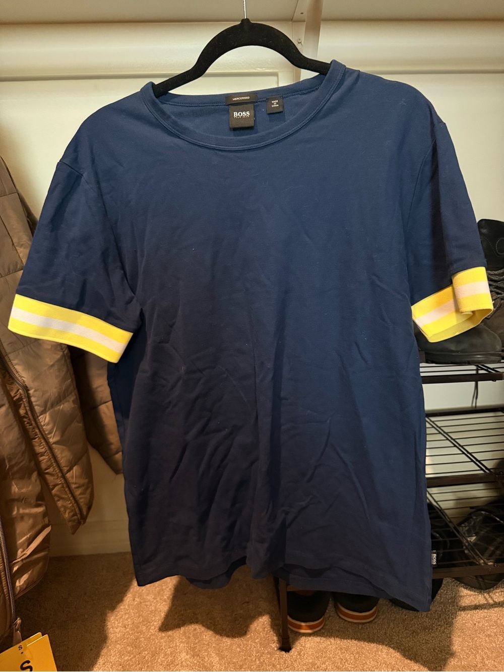 Hugo boss navy blue tee with yellow stripe